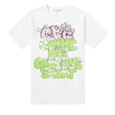 COMME DES GARCONS x KAWS Printed Tee T-Shirt White/Green/Pink Size Large CDG