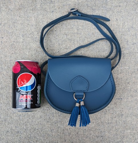 Cambridge Satchel Company "Mini Tassel Bag" blue leather crossbody saddle bag. - Picture 8 of 9