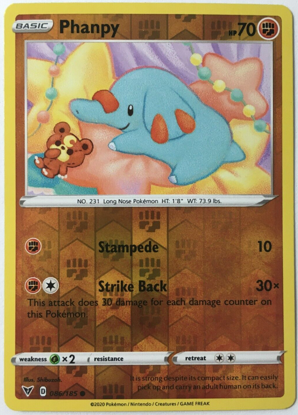 POKEMON PHANPY 086/185 VIVID VOLTAGE COMMON REVERSE HOLO NEAR MINT
