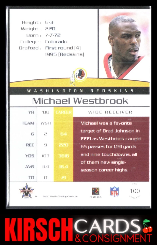 Michael Westbrook 2001 Pacific Vanguard #100 Premiere Date #/115 Redskins - Image 2 of 2
