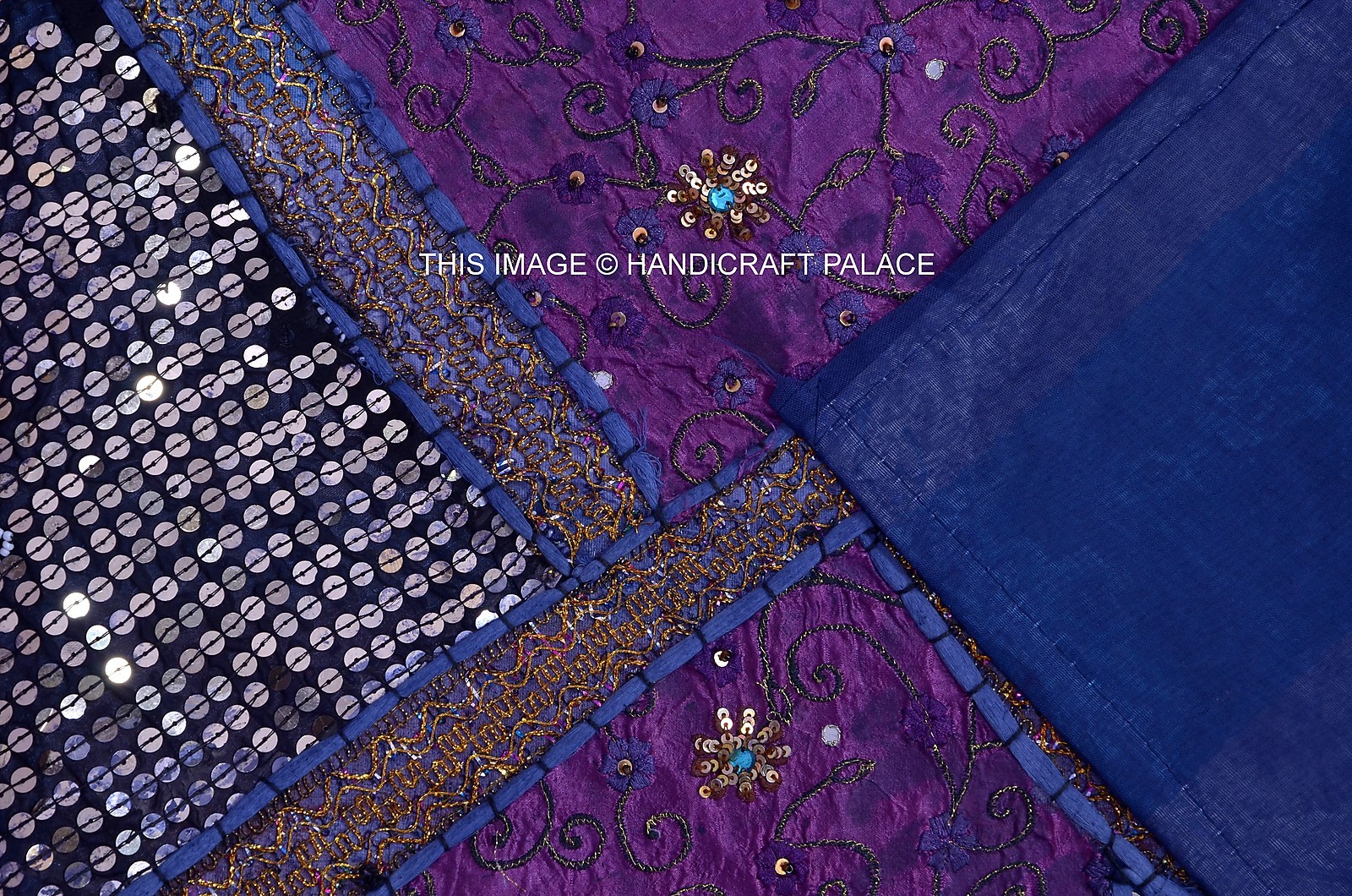 60" BLUE EMBROIDERED PATCHWORK WALL HANGING TAPESTRY Table Runner