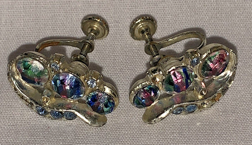 Vintage Silver Plate Iris Glass & Blue Rhinestone Earrings-Marked STAR-Screwback - 第 4/7 張圖片