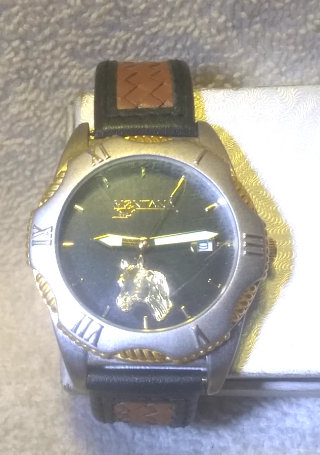 Montana Silversmiths Gold Horse Head Watch Men Brown Leather New Bat Date Great Foto 2 de 4