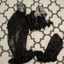Halloween Hanging Ghosts Lot of 2 Skull Face Black/Gray Fabric Plastic Props