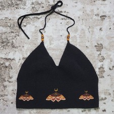 Embroidery Knit Halter Top Boho Grunge Goth Beaded Festival Crop Fairy Moth