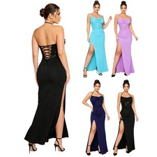 Womens Gown Summer Sundresses Shiny Maxi Dress Party Halter Embroidered Detail