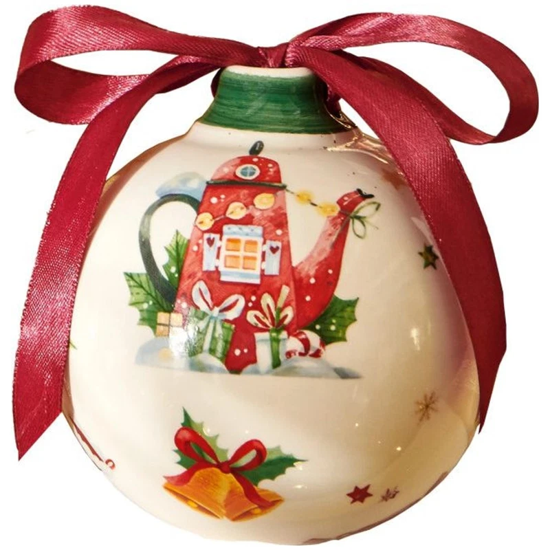 Palla di Natale Ceramica BRANDANI Teiera Decorazione Albero 10 cm Fiocco Raso