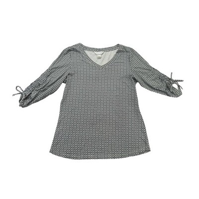 Christopher & Banks Shirt Womens Small S White Black Geometric V Neck 3/4 Sleeve