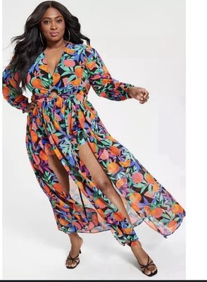 Nina Parker women's fruit print maxi dress 1X citrus high slits resort vacation