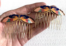 Set of two Vintage Cloisonn Hair Comb Enamel Floral Butterfly Design