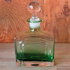 Green Glass Decanter Art Deco Tiered Rectangular Bottle with Ball Stopper