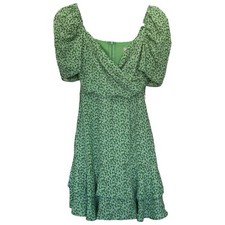 ASOS Women's Short Puff Sleeve Cottagecore Green Floral Mini Dress Sz O