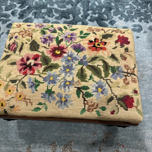 Vtg Hand Needlepoint Foot Stool Ottoman Floral Upholstered Wood Coil Spring Seat