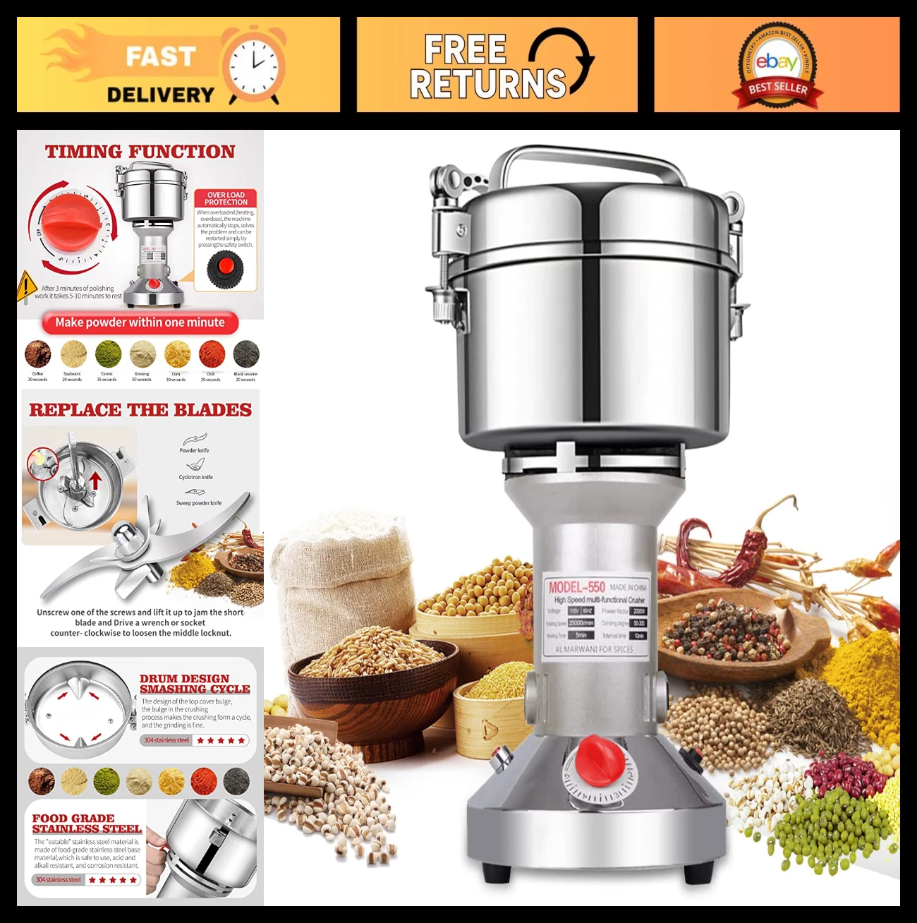 High-Speed Electric Herb Grinder 550g - Stainless Steel Spice & Flour Mill Machi
