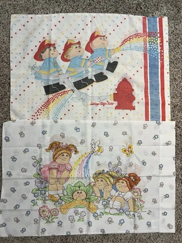 2 Cabbage Patch Kids CPK Pillow Cases 1983 Flower Girls 1985 Firefighter Boys