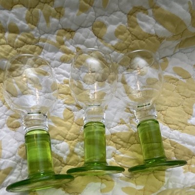 Decorated Cordial Glasses Set of 3, Green Stem Clear Round Bowl, MCM Style