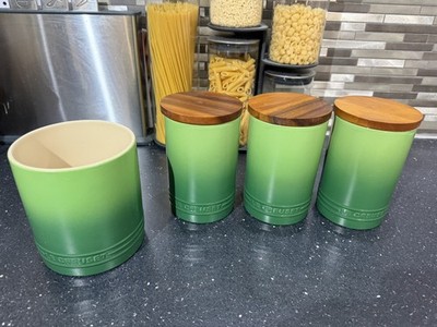 Le Creuset Neu Bambus Grün 3x 770ml Vorratsgläser & Utensilienhalter Set UVP 137£