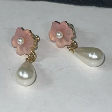 Vintage Napier Resin Pink Flower & Faux Pearl Dangle Pierced Stud Earrings