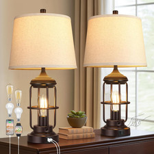 Set of 2 Dimmable Touch Control Farmhouse Table Lamps with USB Ports