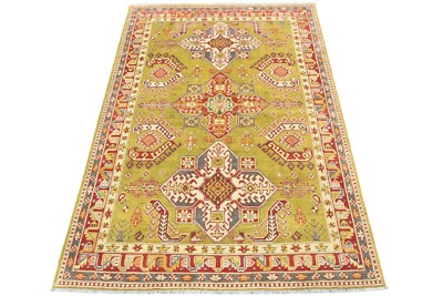 Kazak Rug 4 11  x 6 8  Green Wool Tribal Geometric Hand-Knotted Oriental Carpet