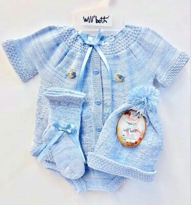 NWT Will'beth Blue Knit 4pc Sailboat Diaper Set Newborn Baby Boys Hat Booties 0