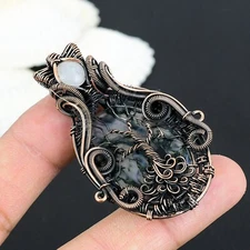 Moss Agate Gemstone Designer Pendant Copper Wire Wrapped Pendant Gift For Her