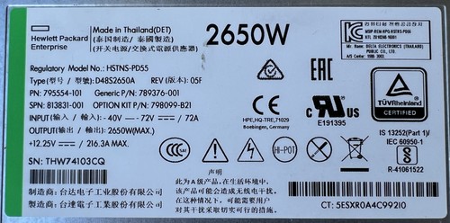 HP DC 2650W PSU HSTNS-PD55 D48S2650A 05F 795554-101 789376-001 -40V - -72V/72A. - Picture 3 of 6