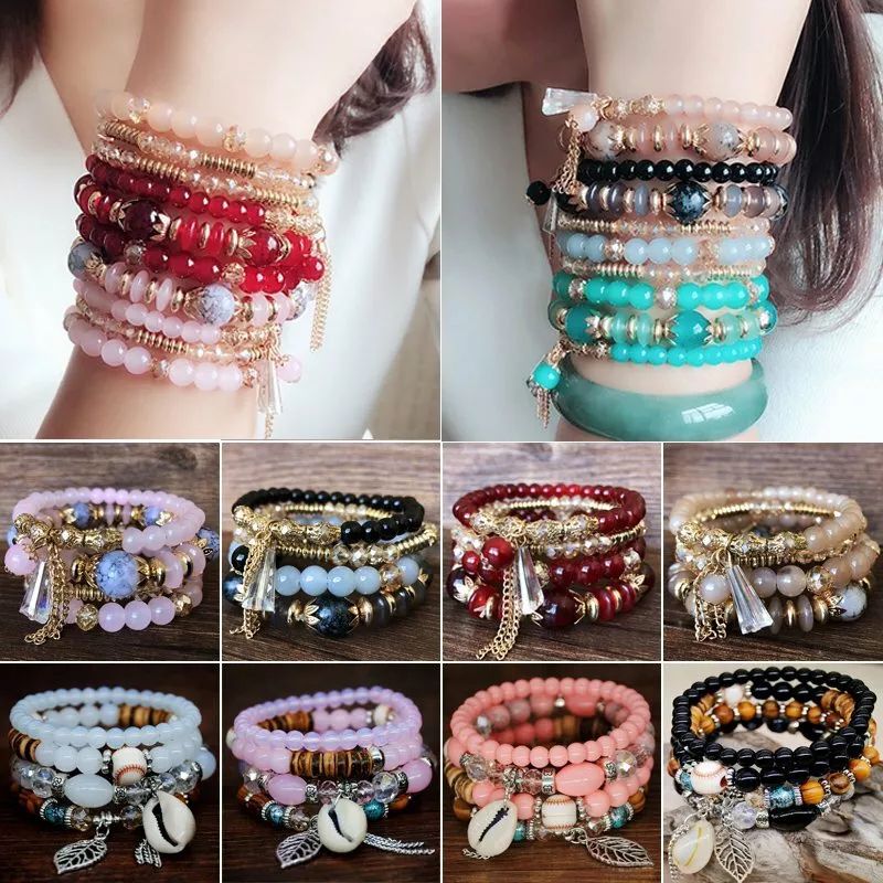 4Pcs/Set Multi-layer Boho Crystal Beaded Beads Chain Cuff Bracelets Bangle  Set