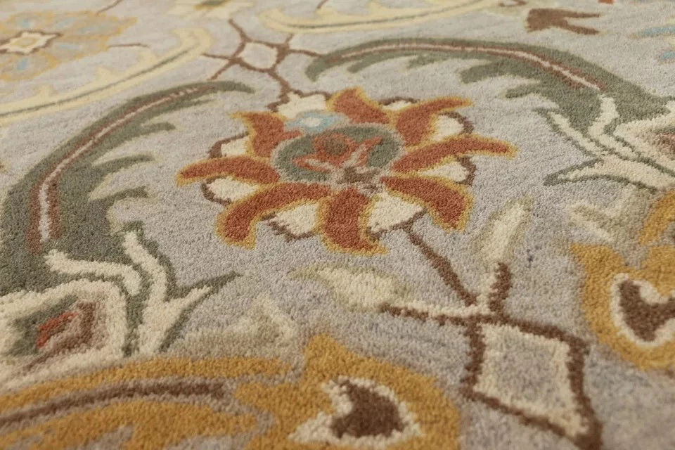 Novo Tapete de Área Macio Eva Oriental Cinza e Laranja Oushak Tufado à Mão 100% Lã - Imagem 3 de 4