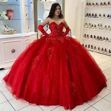 Red Beaded Glitter Quinceanera Dresses Sweetheart 3DFloral Ball Gowns Sweet 16