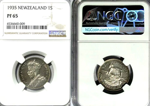 New Zealand 1935 Shilling, Extremely Rare Gem Proof NGC Pf 65, Mintage 364 coins