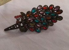 Vintage Peacock Jeweled Hair Clip Barrette Multicolor Stones Antique Finish