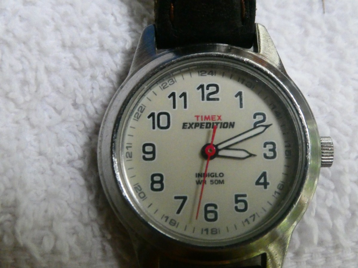 Timex Expedition Watch Women Silver Tone Indiglo 50M Leather 