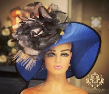 Aimee Fuller Del Mar Kentucky Derby Royal Ascot Hat Royal Blue Black Rose Flower