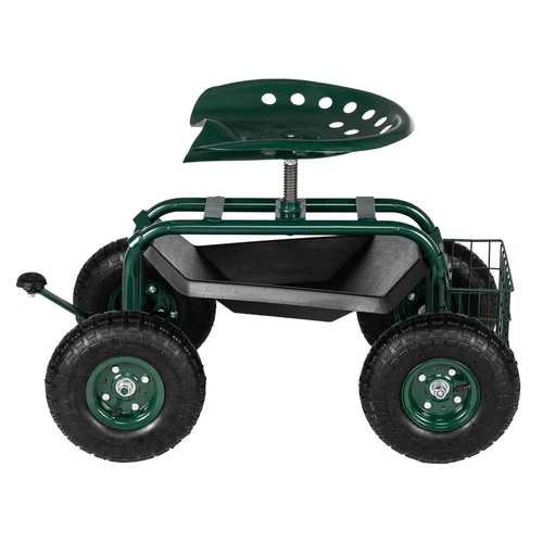 Garden Tool Cart Rolling Scooter w/ 360° Swivel Seat Basket Outdoor Steel Green