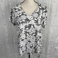 Croft & Barrow Women Top Classic T Shirt Stretch XL Black/White Pineapple Cotton