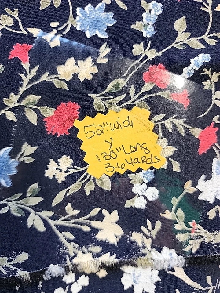Navy Blue Red Beige Blue Floral Print Rayon Crepe Sewing Fabric Vtg 52"w X 3.6yd - Image 2 of 4