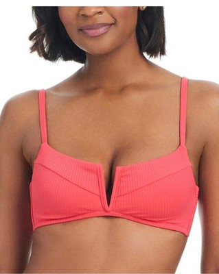Bar III Double Down V-Wire Plunge-Neck Bralette Bikini Top Bright Rose Sz M NEW
