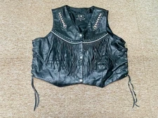 Leather King Black Leather Moto Vest Snaps Beadwork Fringe Men’s 3 XL ✅📋📸