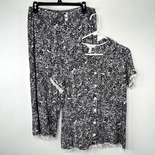Soma Pajama Set M Cool Nights Black White Floral Paisley Pants Shirt Lace Trim