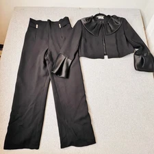 Ildiko New York Womens Black Pant Suit Rhinestone Trim Cropped Jacket Set