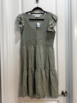 NWT Loft Green Polka Dot Dress Large Pet Vneck Ruffled Sleeves Tiered 100% Rayon
