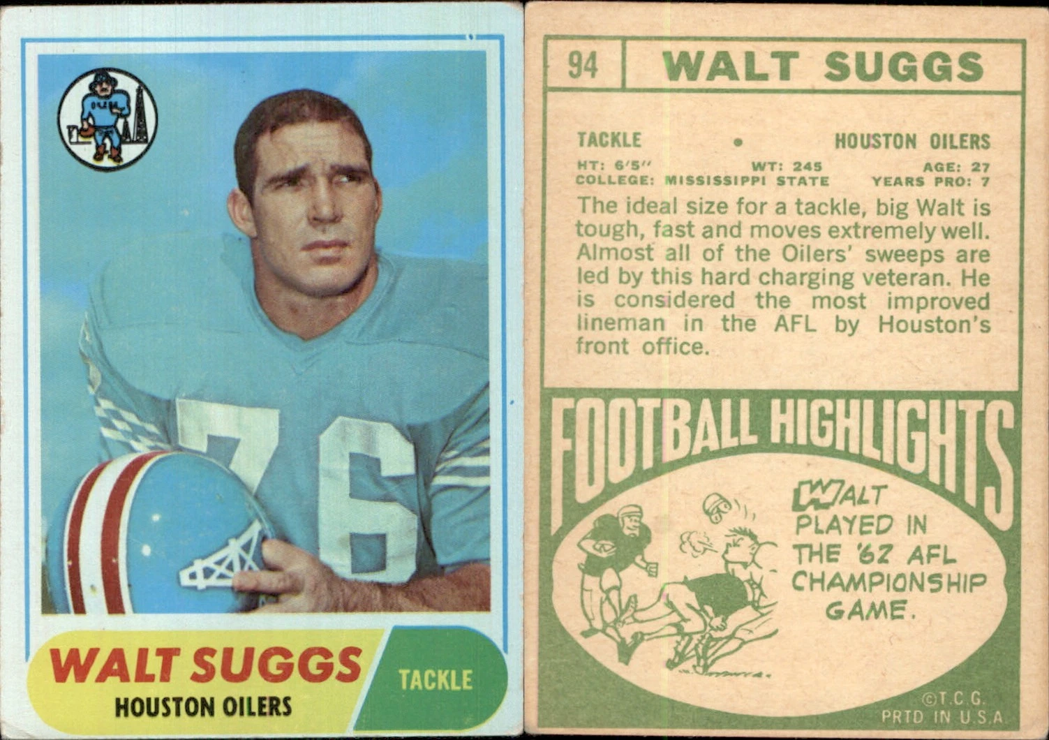 Walt Suggs 1968 Topps #94 Card $0.25 COMBD SHIP Houston Oilers *AutographDen*