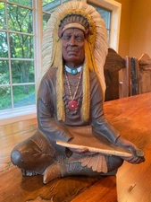 VINTAGE 1974 Byron Molds Native American Statue with Headdress and Peace Pipe 
