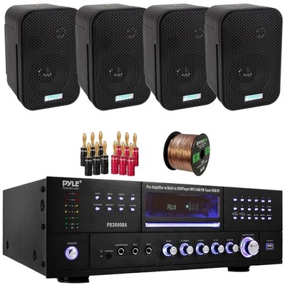 Pyle High Power Theater Home Audio Receiver, 4x 3.5'' 300W Speakers, Banana Plugs