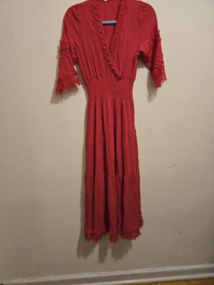 Tiered Wrap Bodice Fringe Bohemian Peasant Midi Dress Sz S Red | eBay