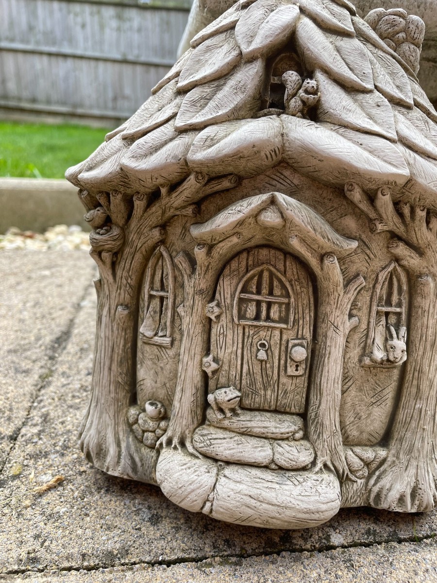 Vintage-Style Fairy House Stone Garden Statue With Birds - Weatherproof Outdoor Decor 3 thumbnail image