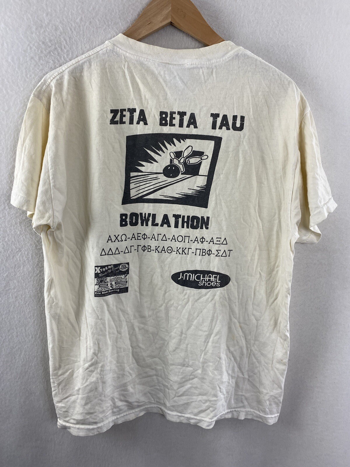 1999 Fraternity Bowling Graphic White Delta Short Sle… Gem