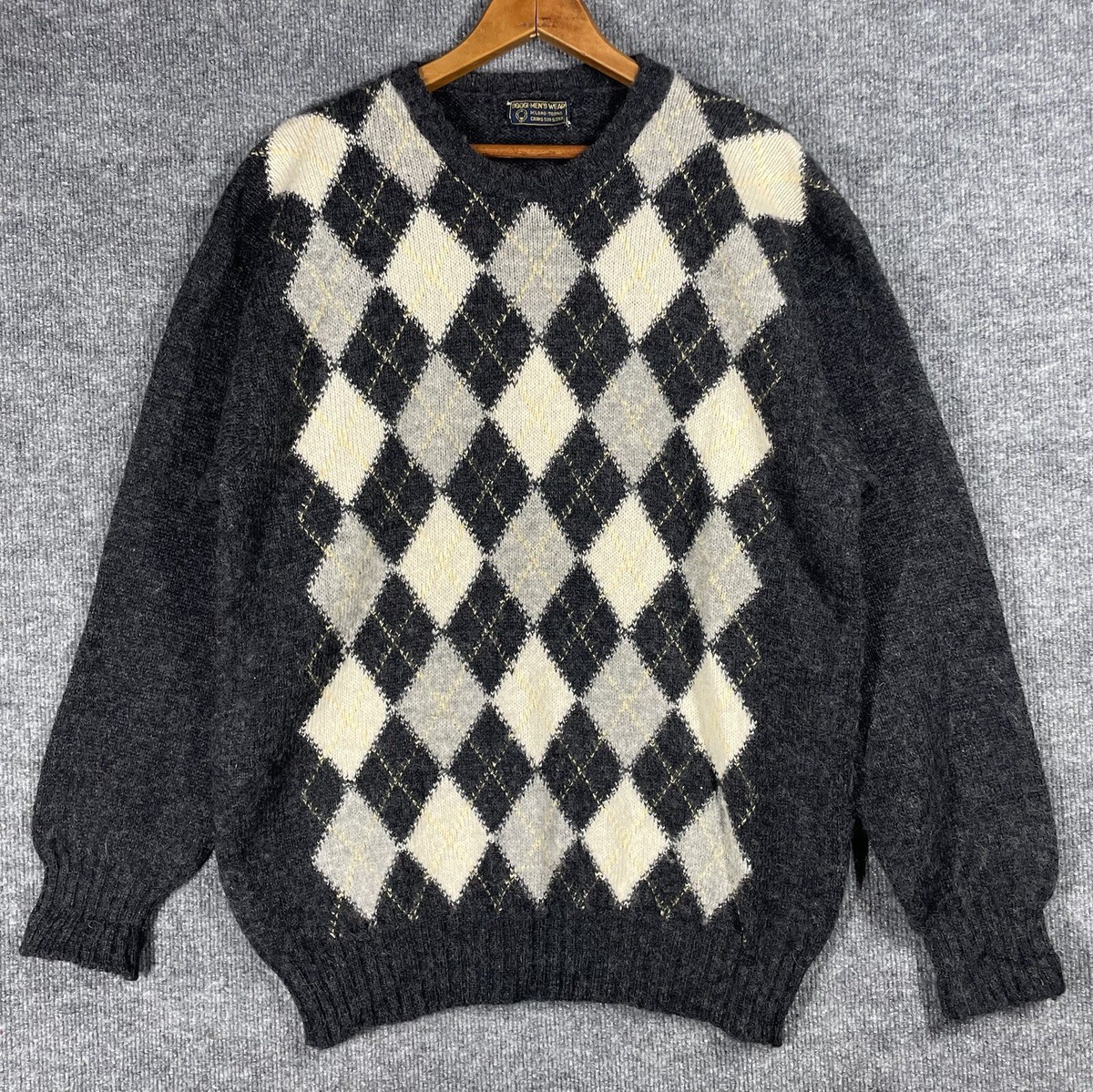 VINTAGE Boggi Wool Argyle Sweater Men Size 52 Black Milano Italy 