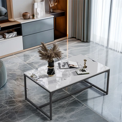 Luxury Sintered Stone-top Coffee Table Center Table w Open Design & Aluminum Leg